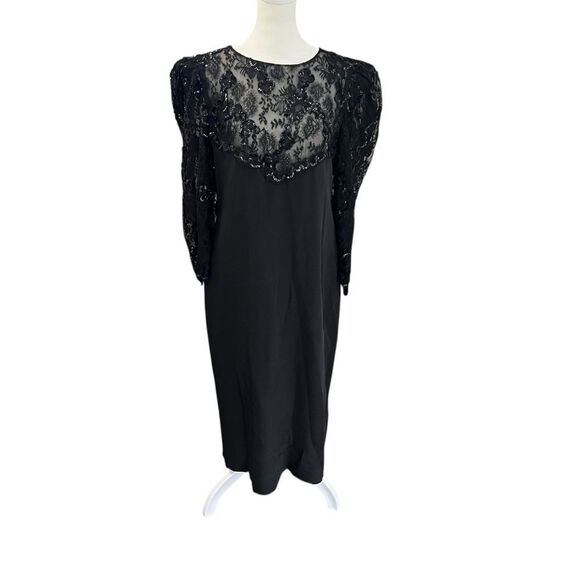 Vintage 1980s Celine Paris Black Silk Lace Sequin Evening Cocktail Dress FR 42 - Picture 2 of 9